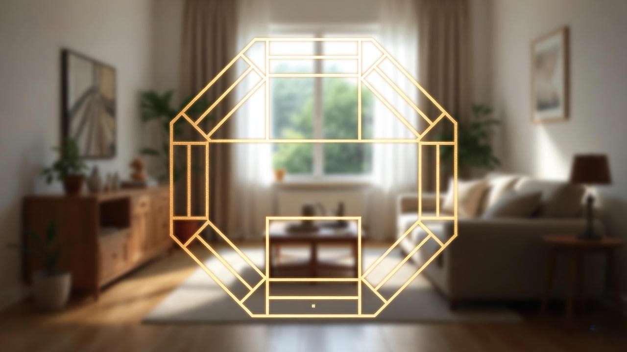 Feng shui bagua map overlaid on modern living room for 2025 energy placement