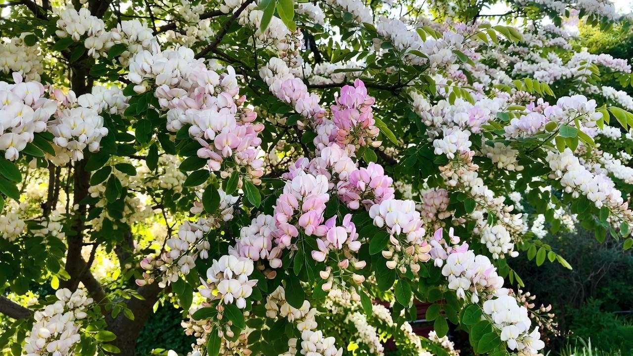 Close-up of a flowering locust tree with white and pink blooms in a lush garden."
