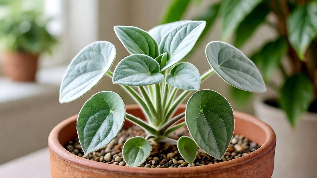Close-up of a healthy Pilea glauca plant in a terracotta pot with pebbles, thriving in bright indirect light"