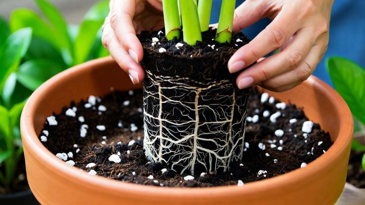 Repotting spiral ginger plant with well-draining soil mix in terracotta pot"
