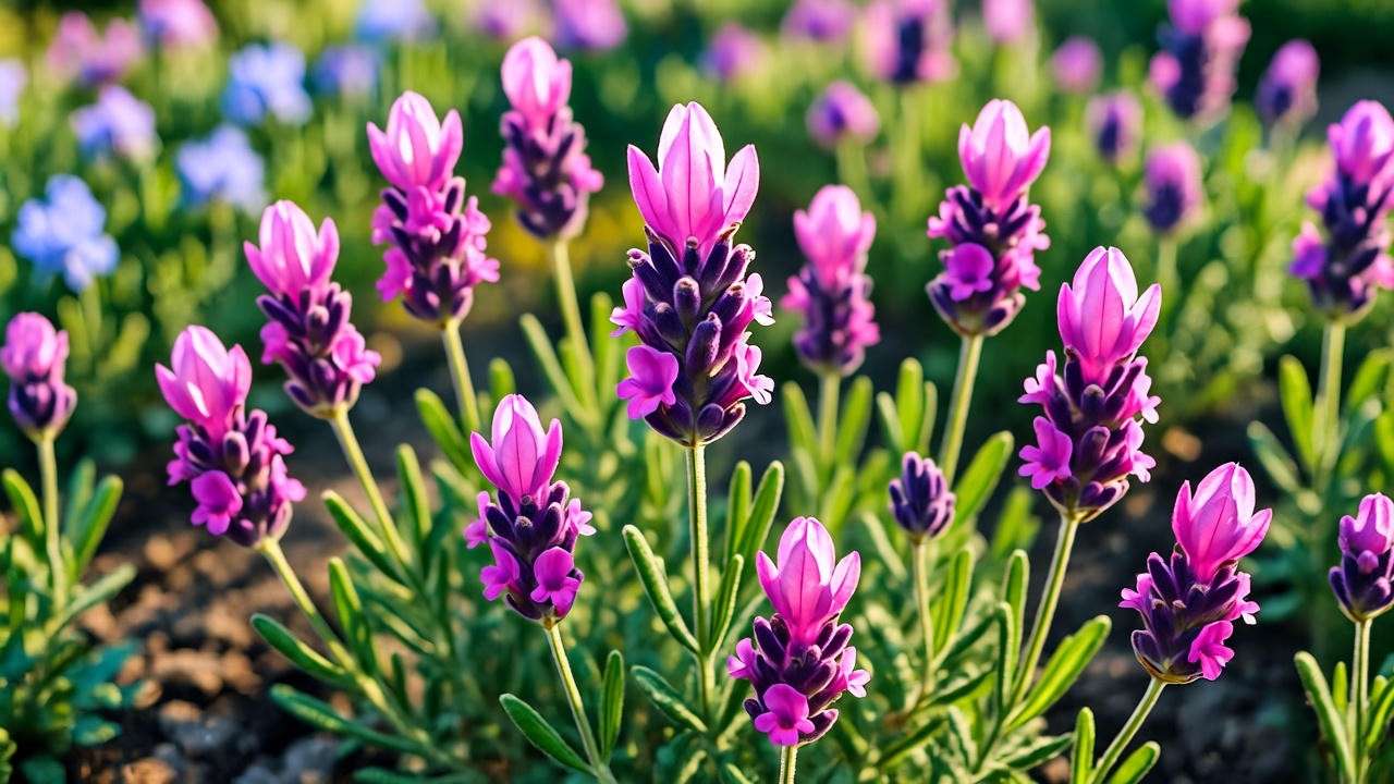 Close-up of pink lavender plant with vibrant blooms in sunny garden soil."