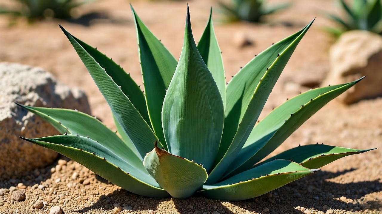 Close-up of sisal agave plant leaves in sandy soil under sunlight.
