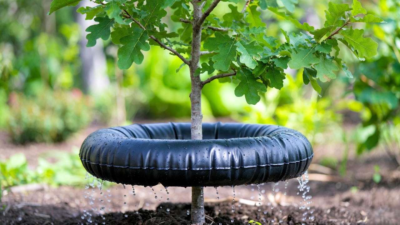 Close-up of a tree watering ring delivering slow drip irrigation to tree roots in garden soil.