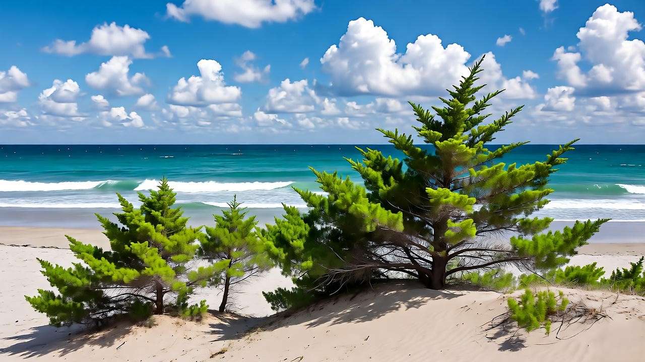 Shore junipers stabilizing a sandy dune in a coastal landscape".