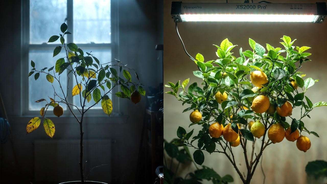 Before and after using Viparspectra XS2000 Pro on indoor lemon tree