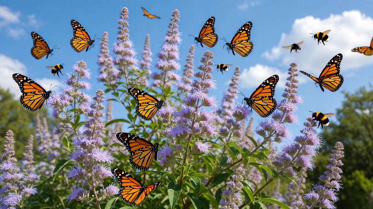 Vitex (Chaste Tree) loaded with purple flower spikes and butterflies in a Texas garden