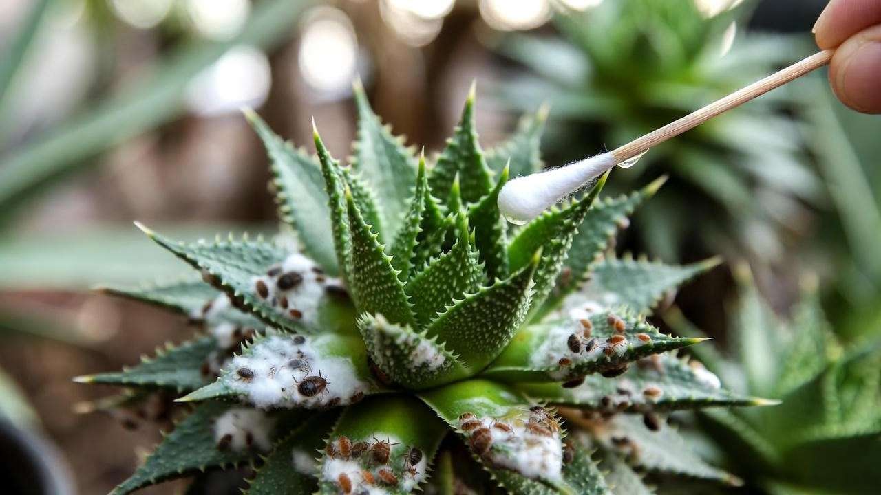 Spiky succulent with mealybugs treated with neem oil swab, showing healthy and pest-free contrast."