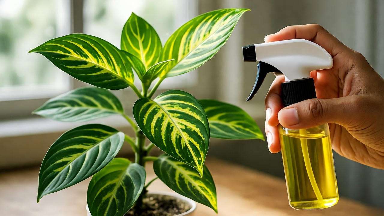 Treating a Trinette plant with neem oil for pests."