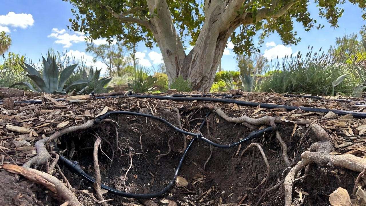 "Mexican sycamore tree with drip irrigation and mulch in drought-tolerant garden".