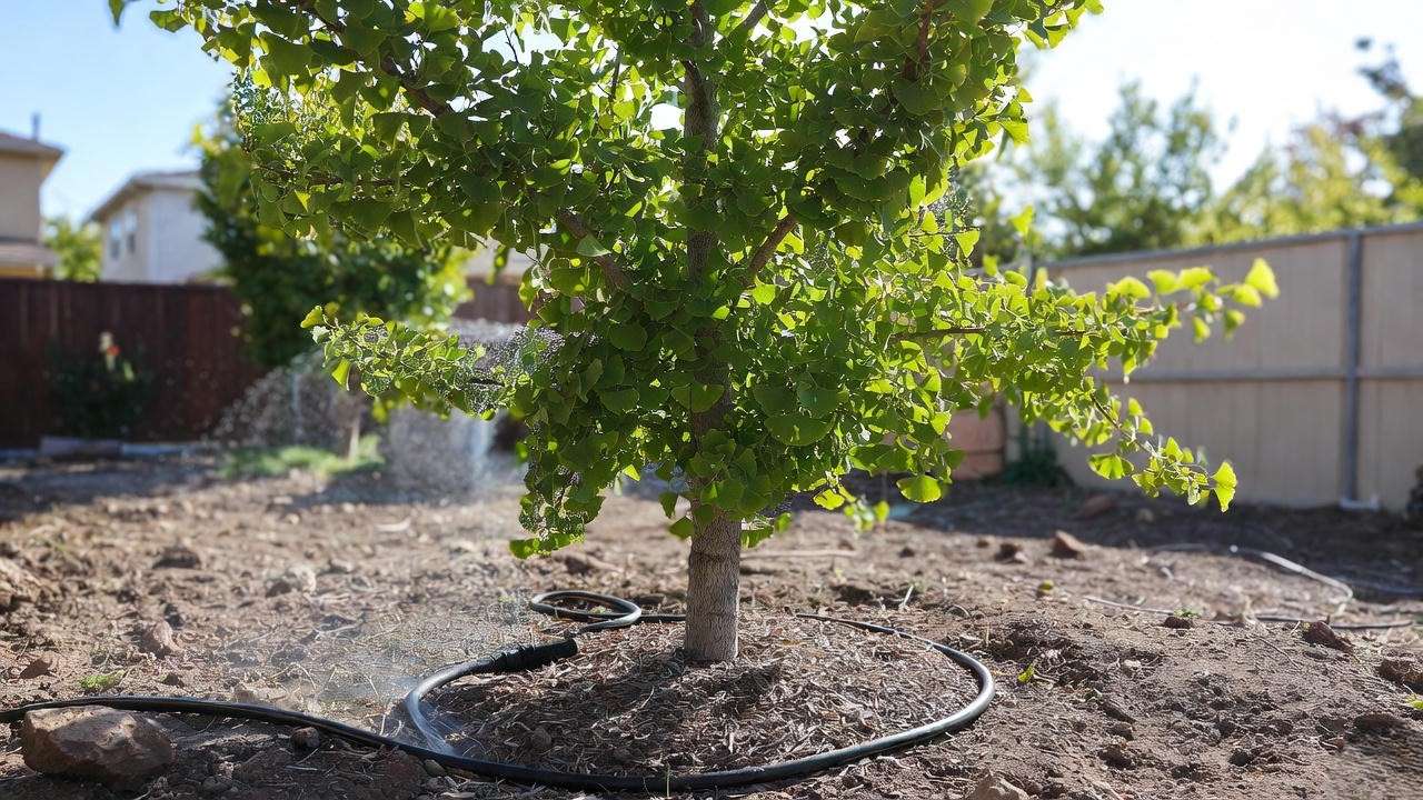 "Goldspire Ginkgo tree being watered with a soaker hose in a small urban yard with mulch ring."
