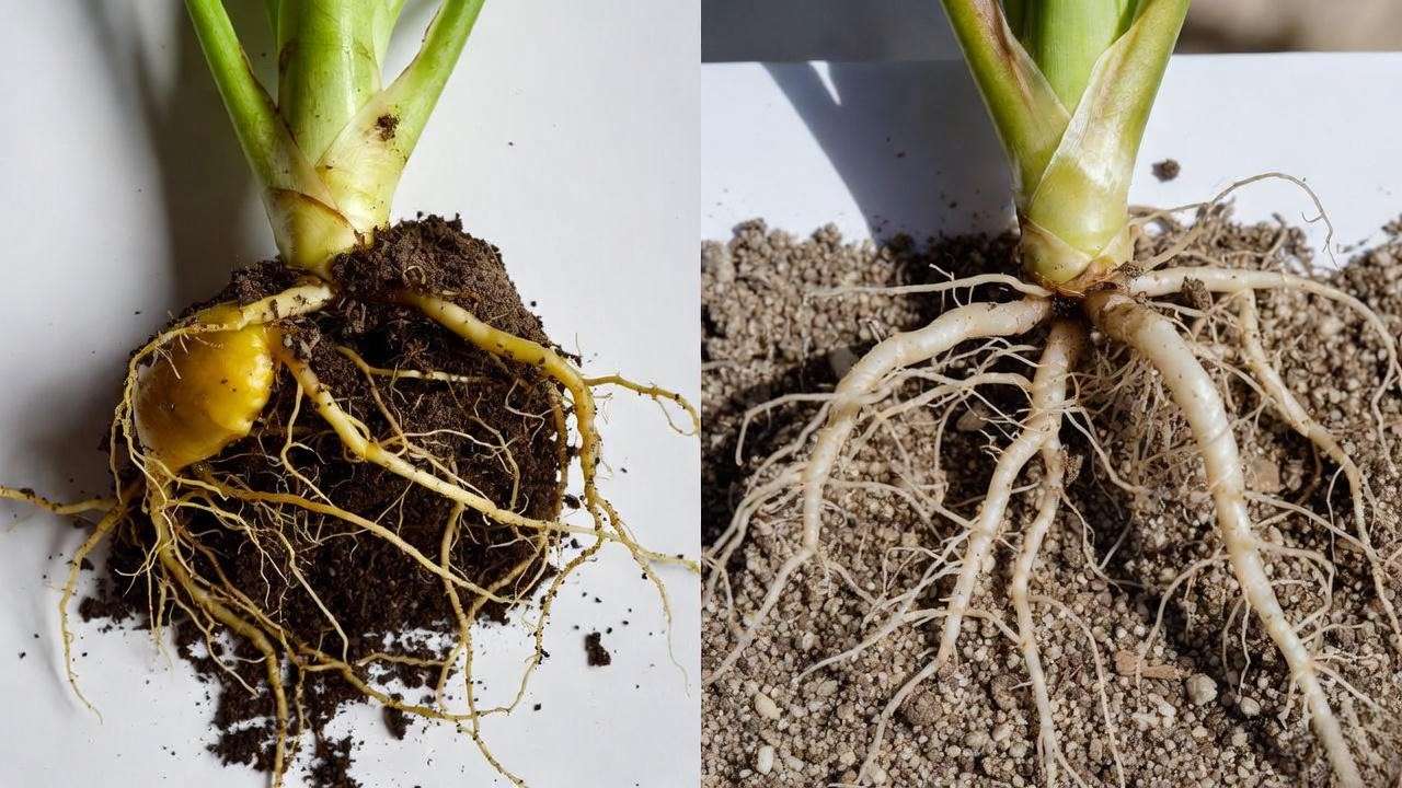 Overwatered vs correctly watered Golden Hahnii roots comparison – root rot warning