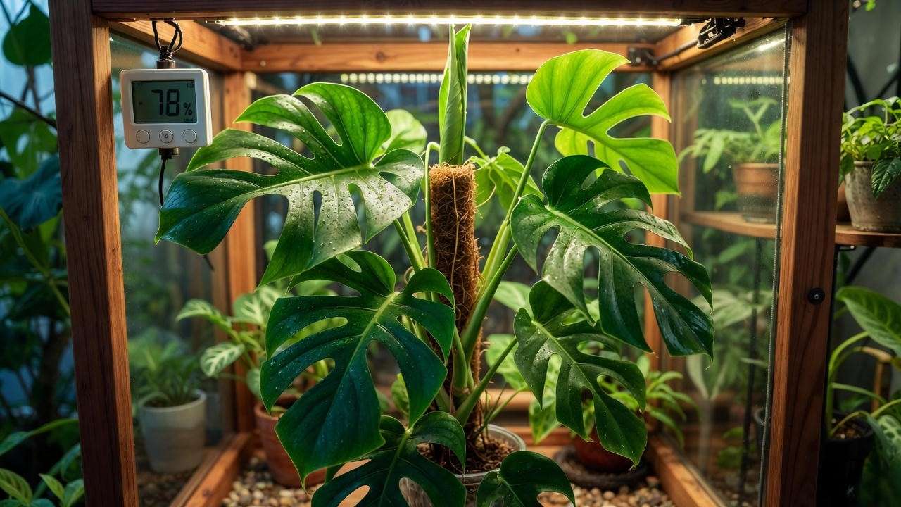 Jack of Diamonds Philodendron thriving in high humidity cabinet setup