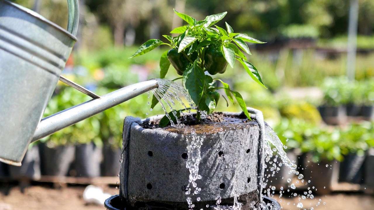 Proper deep watering technique for container bell pepper plant showing drainage