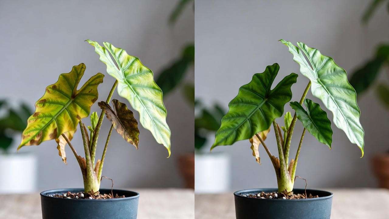 Alocasia Regal Shield before and after drooping recovery