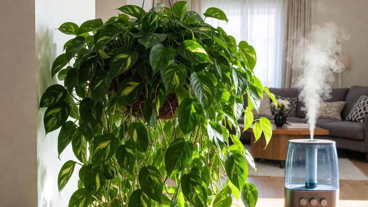 Black Gold goldfish plant with humidifier showing ideal 70% humidity environment