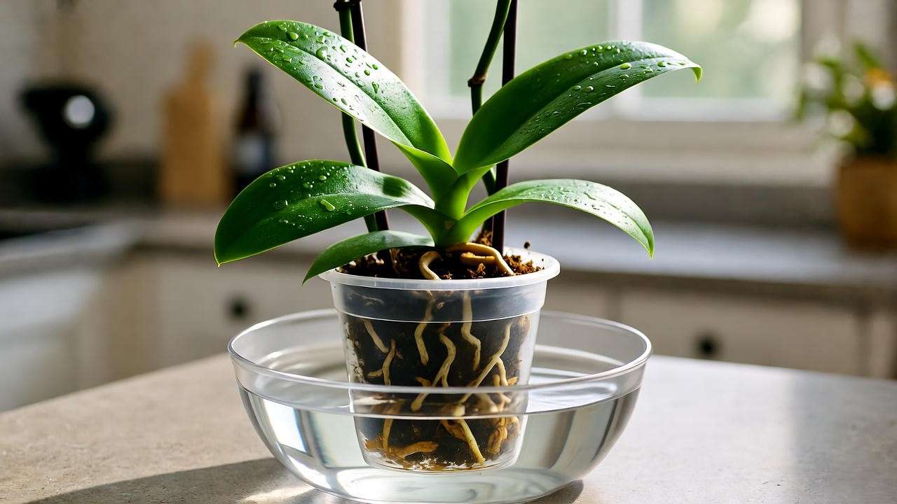 rchid live plant being watered using soak and drain method in kitchen sink