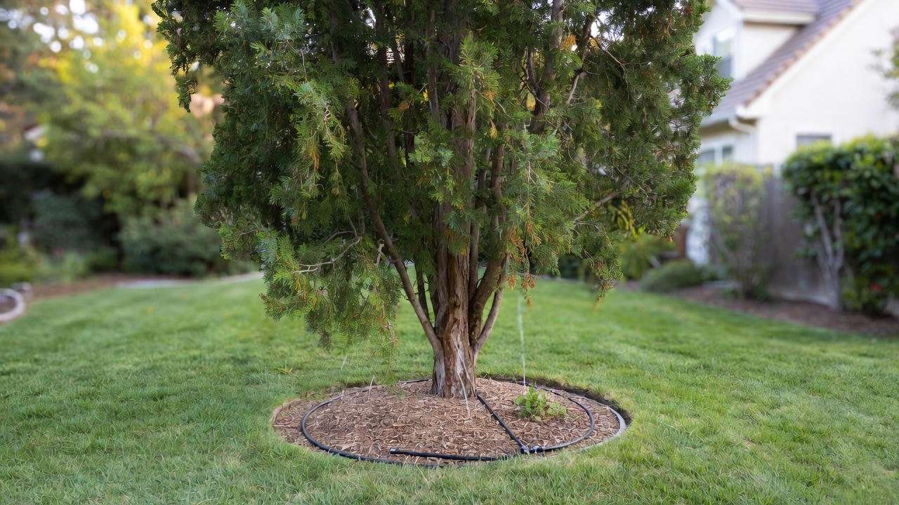 Cedar tree with drip irrigation system watering the root zone in a mulched backyard."