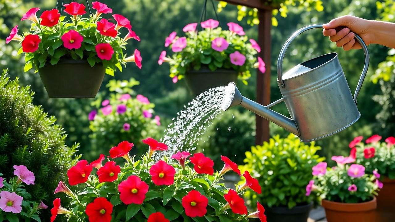 "Red petunias in hanging baskets being watered with a watering can in a lush garden".