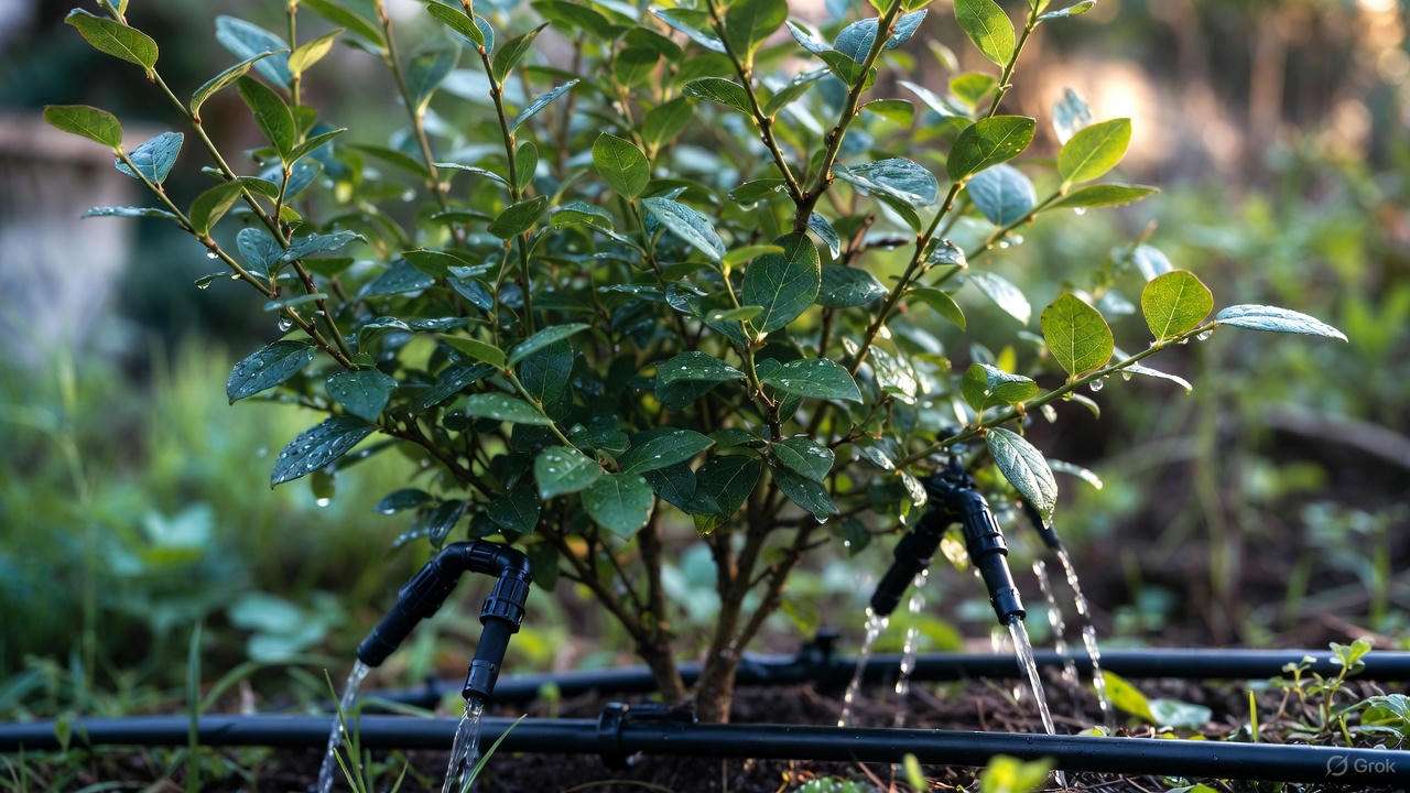 Drip irrigation properly watering a Legacy blueberry bush at the root zone
