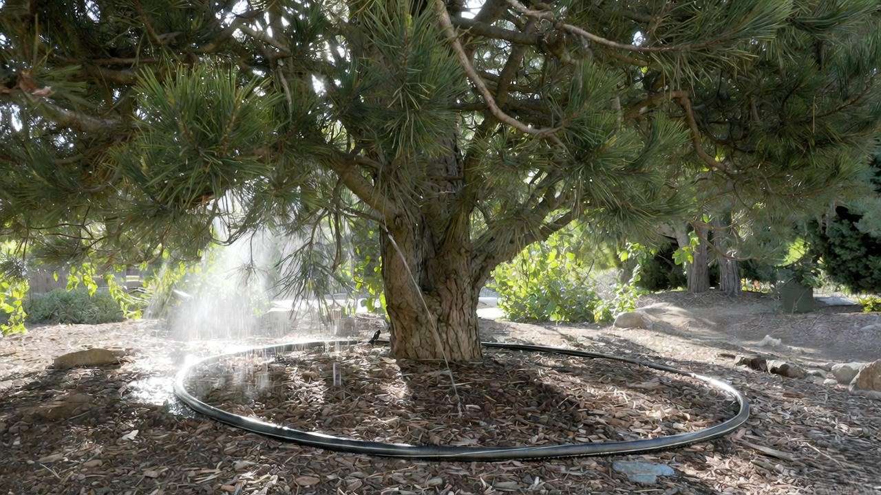 Proper deep watering method for Vanderwolf pine tree at drip line