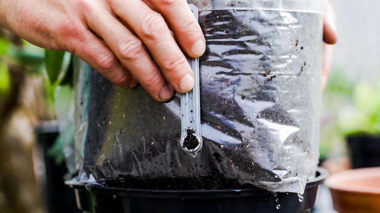 Checking soil moisture and bottom-watering a potato grow bag