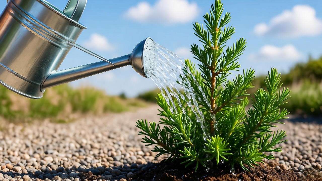 Watering a young shore juniper plant in a coastal garden with sandy soil".
