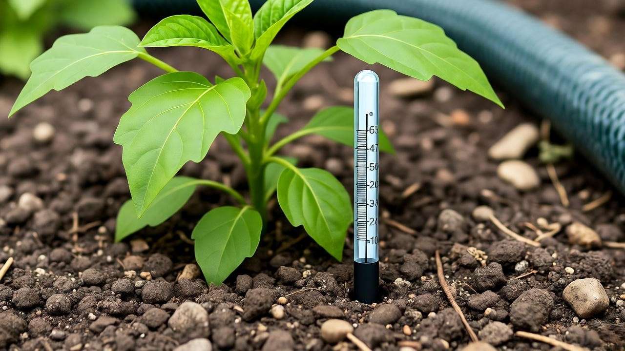 Sochan plant with moisture meter and garden hose for watering."