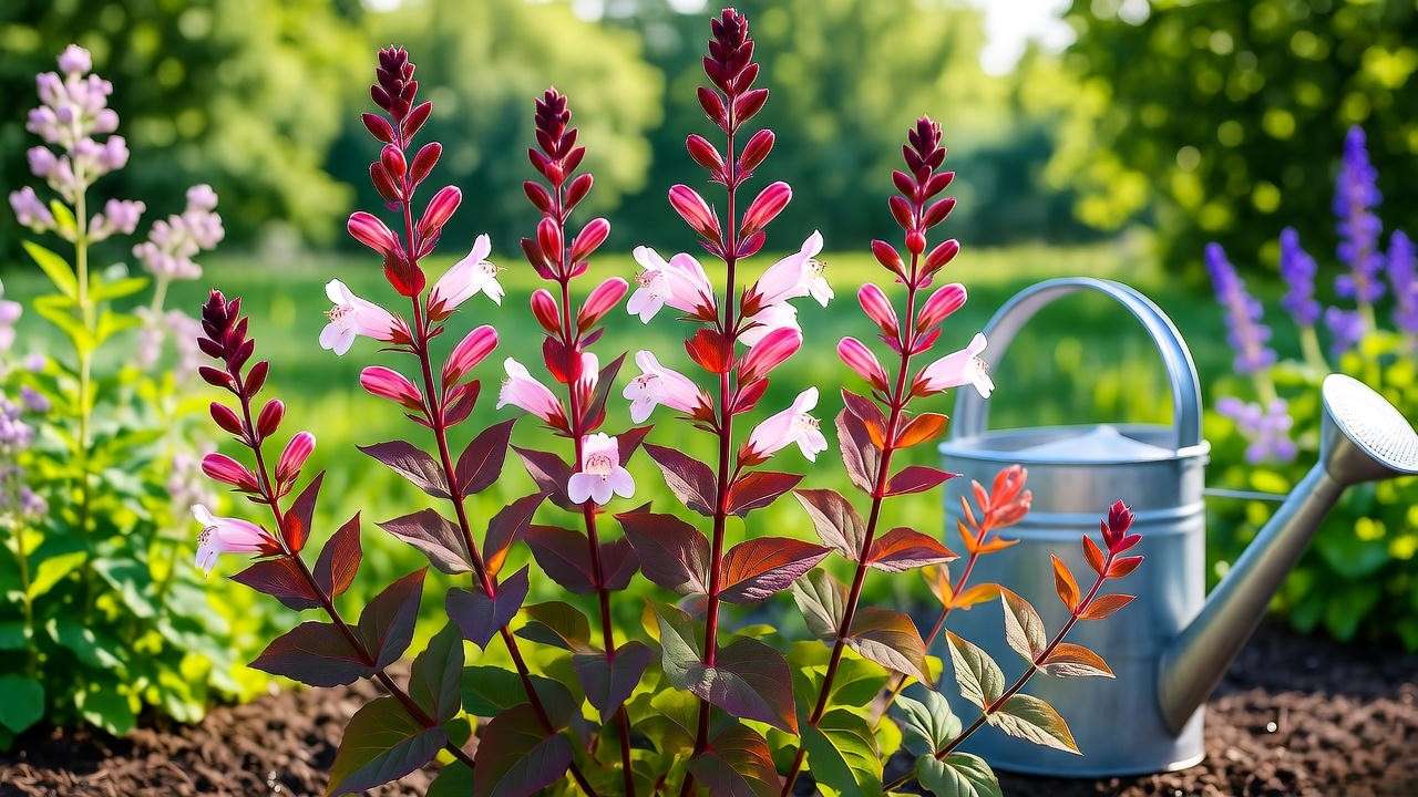 Husker Red Penstemon blooming with watering can on well-drained soil"