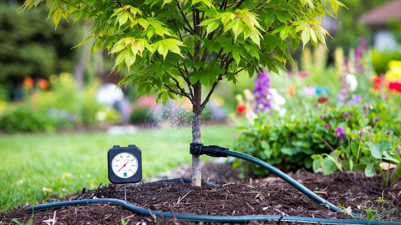 "Hot Wings Maple Tree being watered with a soaker hose and moisture meter in a garden"