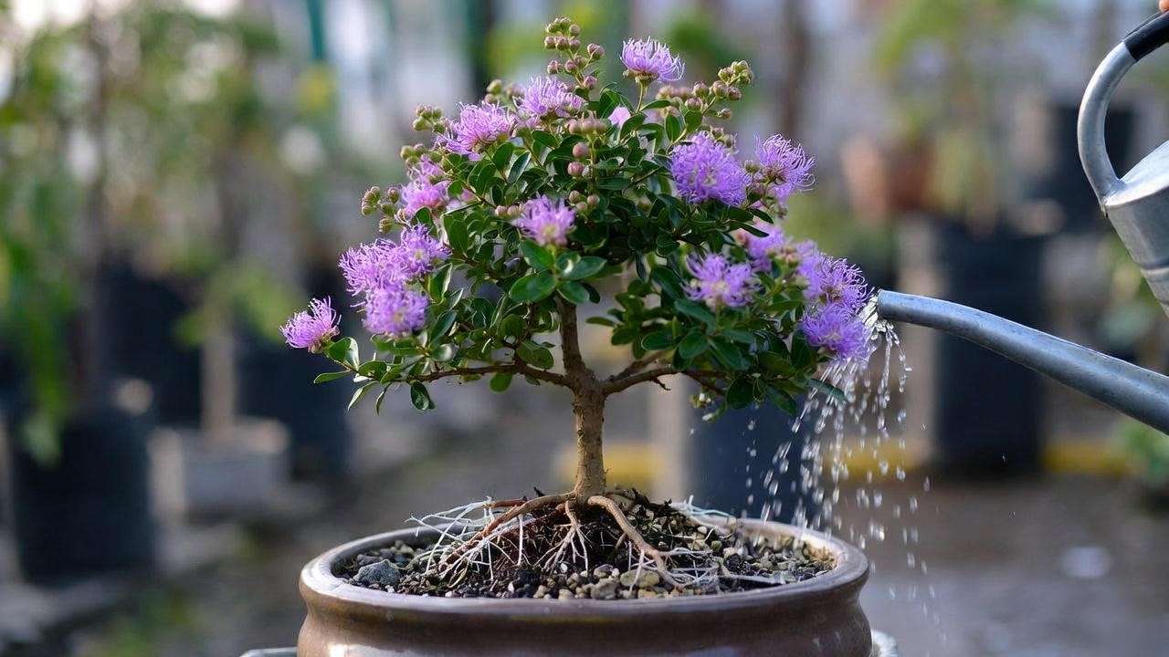 Crepe myrtle bonsai tree being watered with a small can in a ceramic pot".