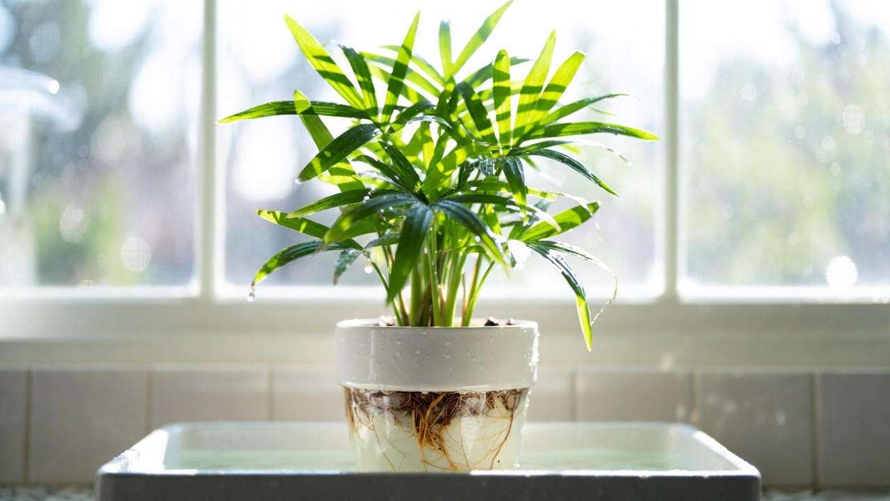 Bottom watering method for miniature palm tree plant to prevent root rot