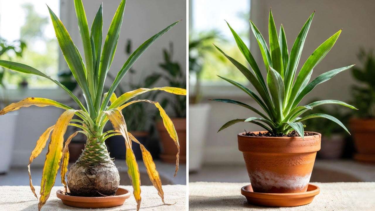 Yucca elata overwatering damage vs recovered healthy plant