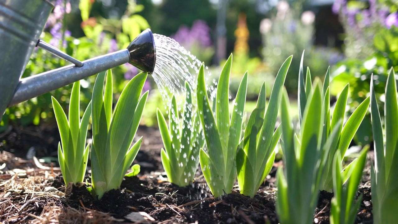 Watering Regina Iris plants at the base with a can in a mulched garden bed."