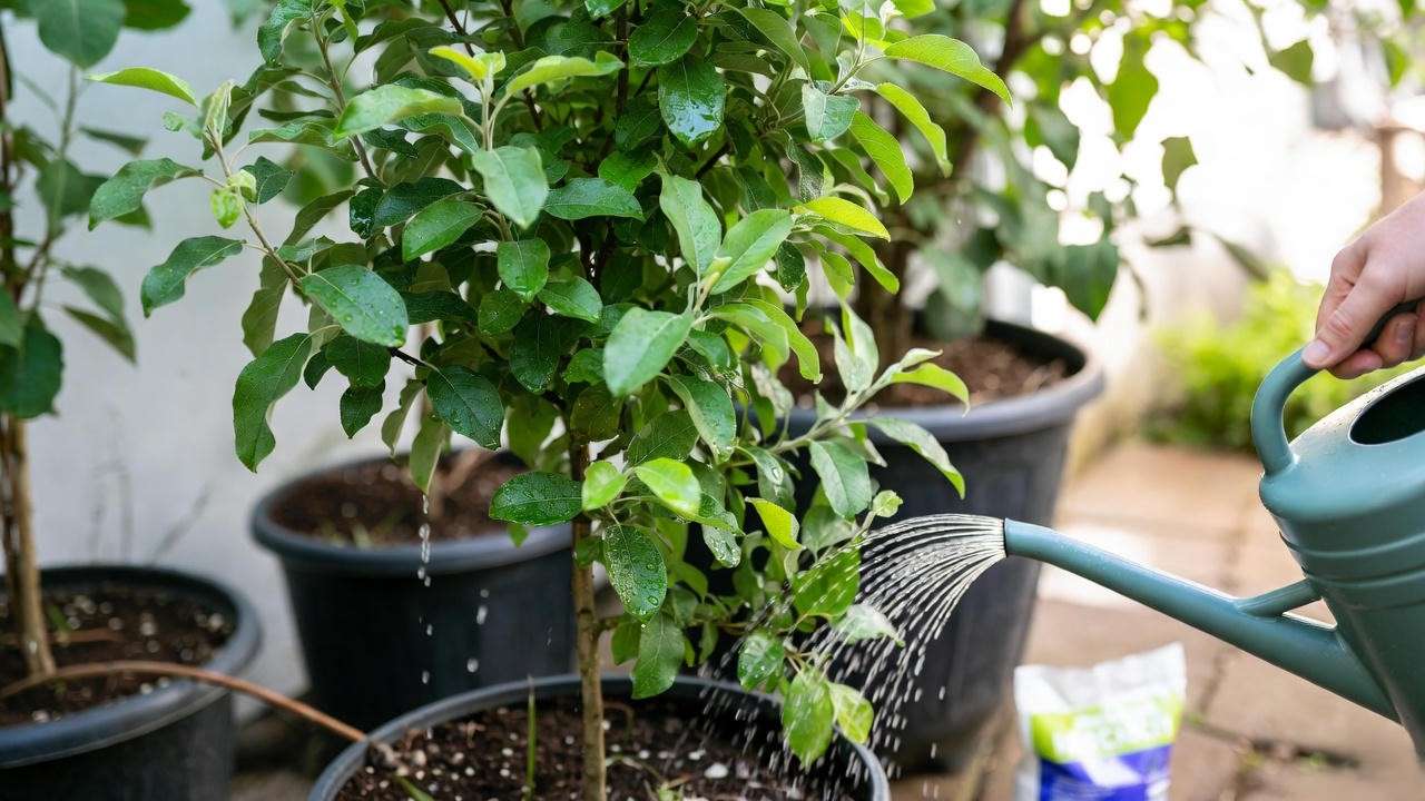"Gardener watering a columnar apple tree with fertilizer bag on a sunny patio."
