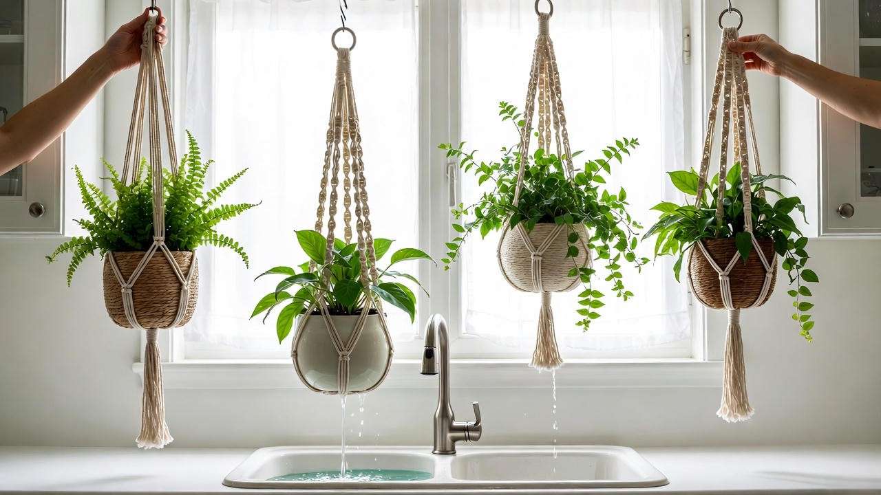 “Easy weekly watering routine for indoor hanging plants – take down, water in sink, drain, rehang”