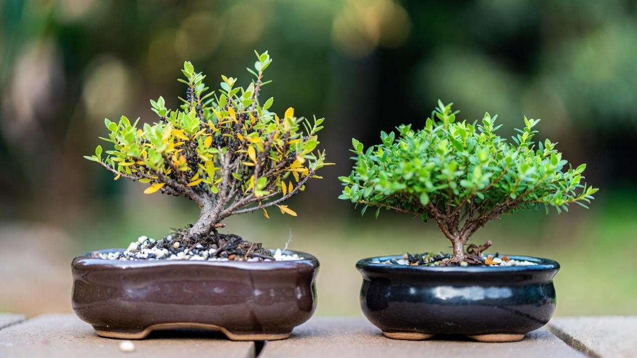 Removing pest-infested weed from bonsai pot".