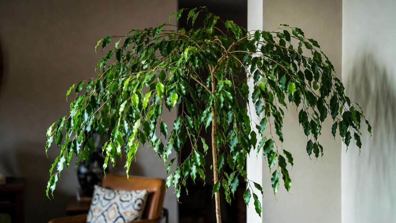 Weeping Fig creating a cozy green nook in a living room".