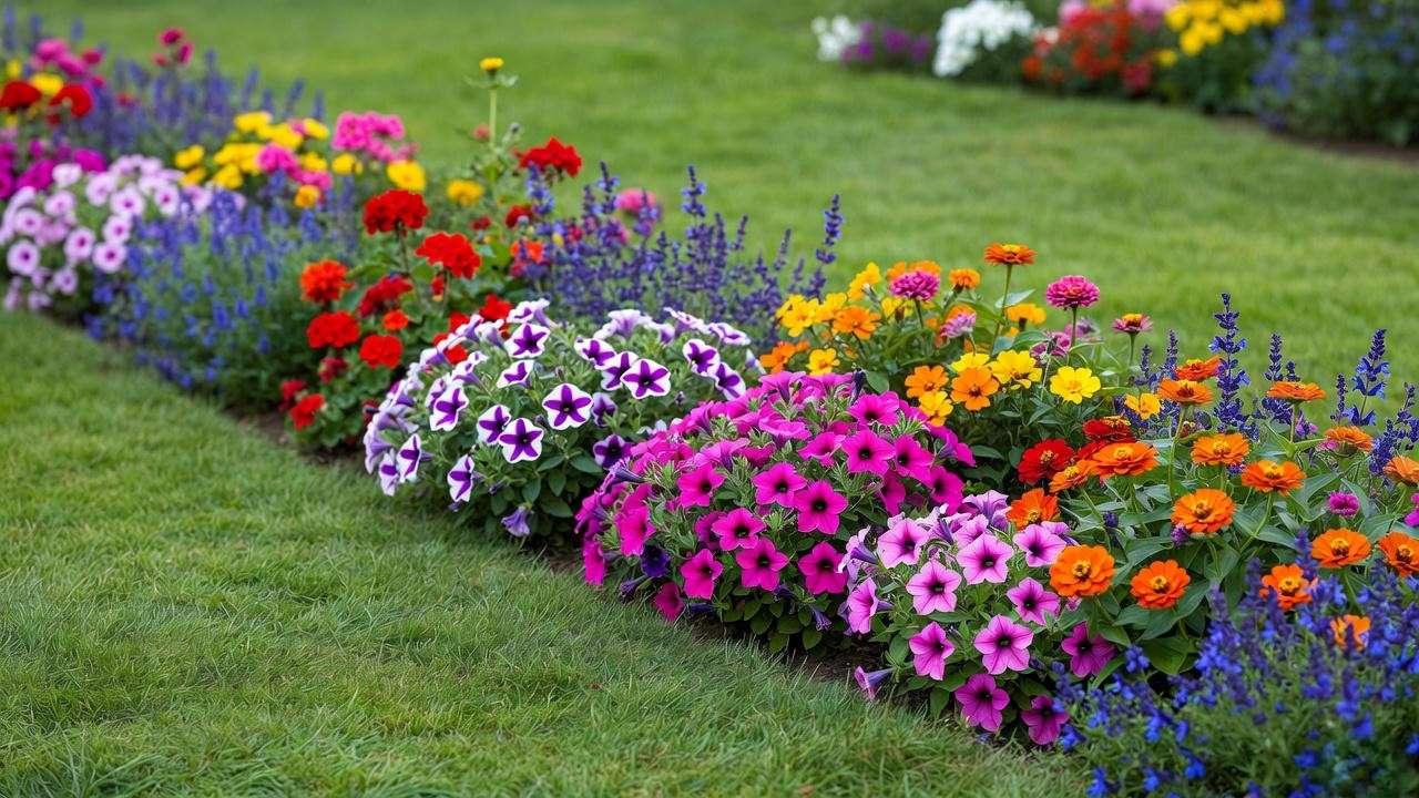 Colorful mixed bedding plants border with petunias, marigolds, and geraniums in full summer bloom