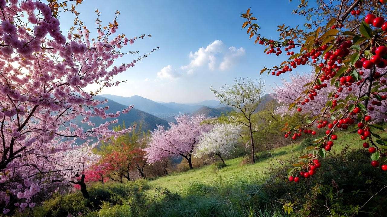Ornamental and fruit-bearing cherry trees in bloom with hills in the background"