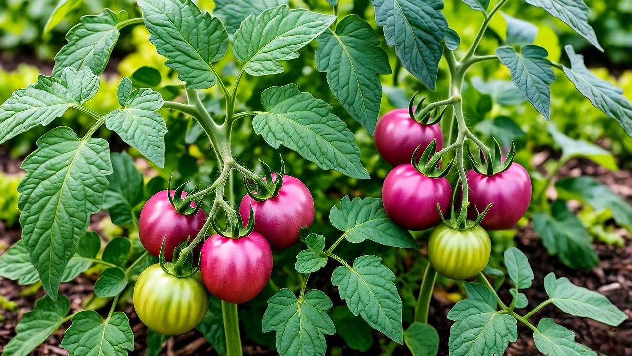 "Close-up of pink tomato plants with ripe Brandywine and Caspian varieties in a healthy garden bed."