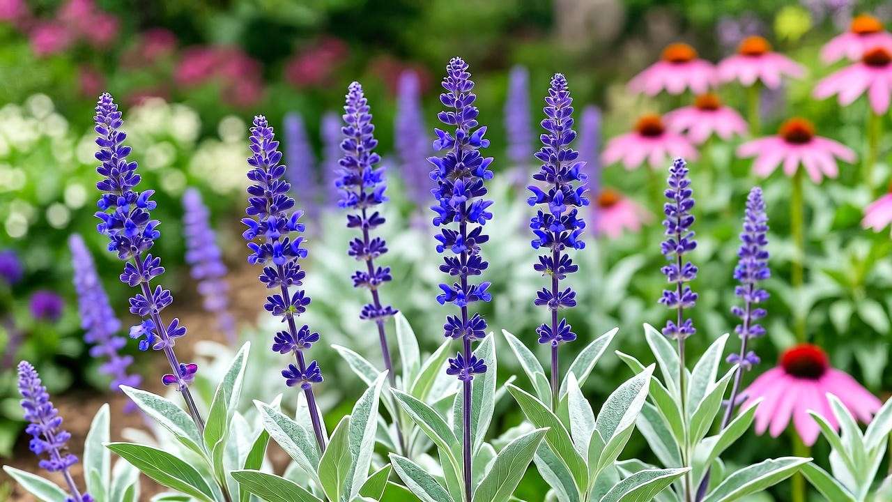 "Close-up of Russian Sage plants with lavender-blue blooms and silvery-gray foliage in a garden."