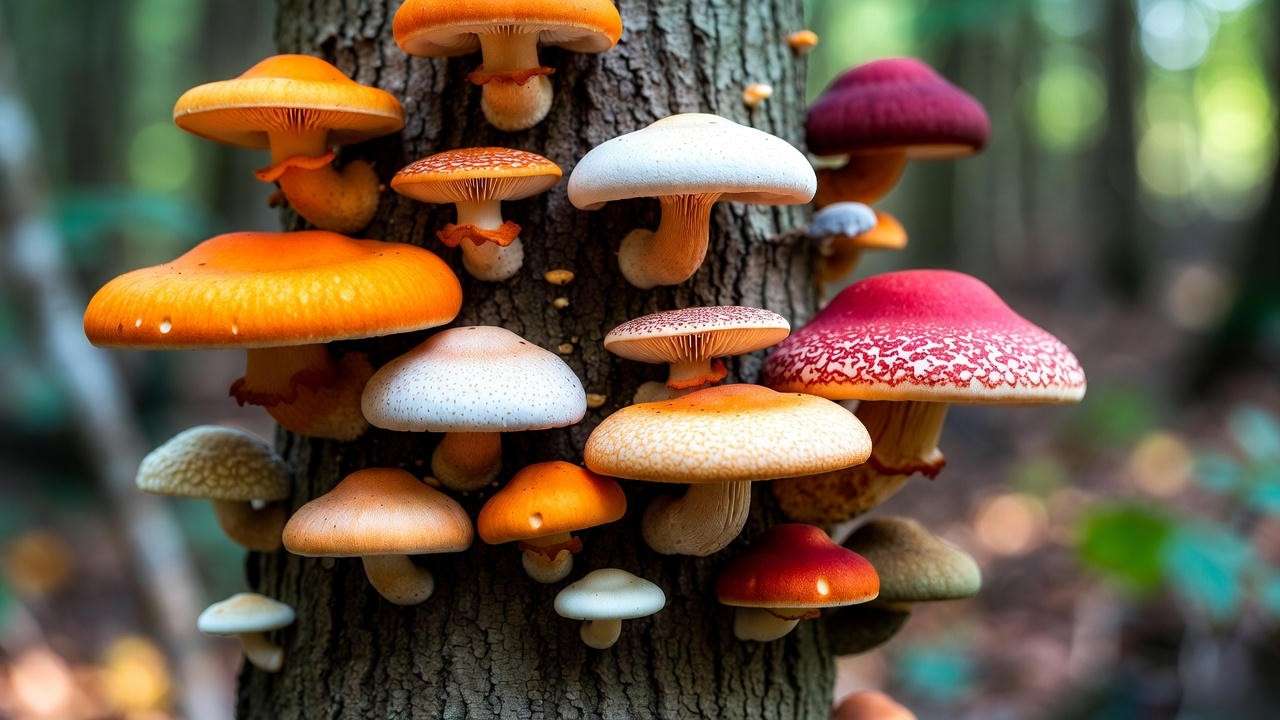 Close-up of tree mushrooms growing on a tree trunk in a forest, showcasing fungal growth details."