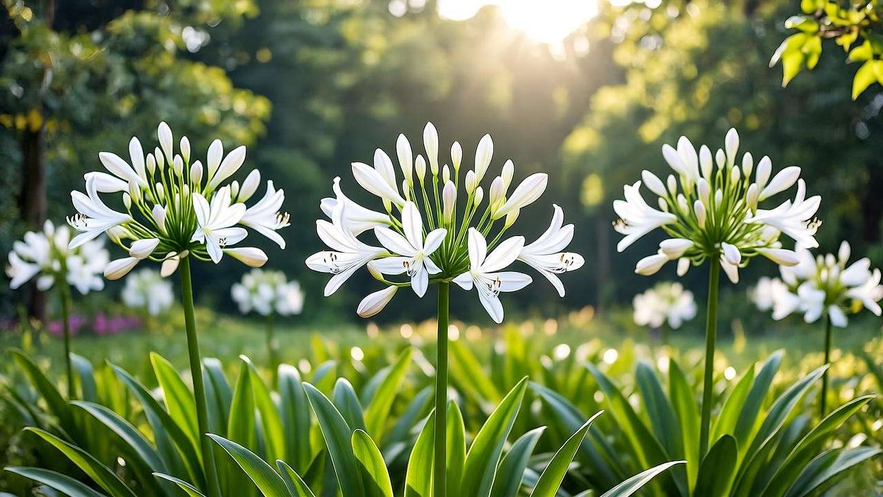 Close-up of white agapanthus plants in bloom with green leaves in a garden"