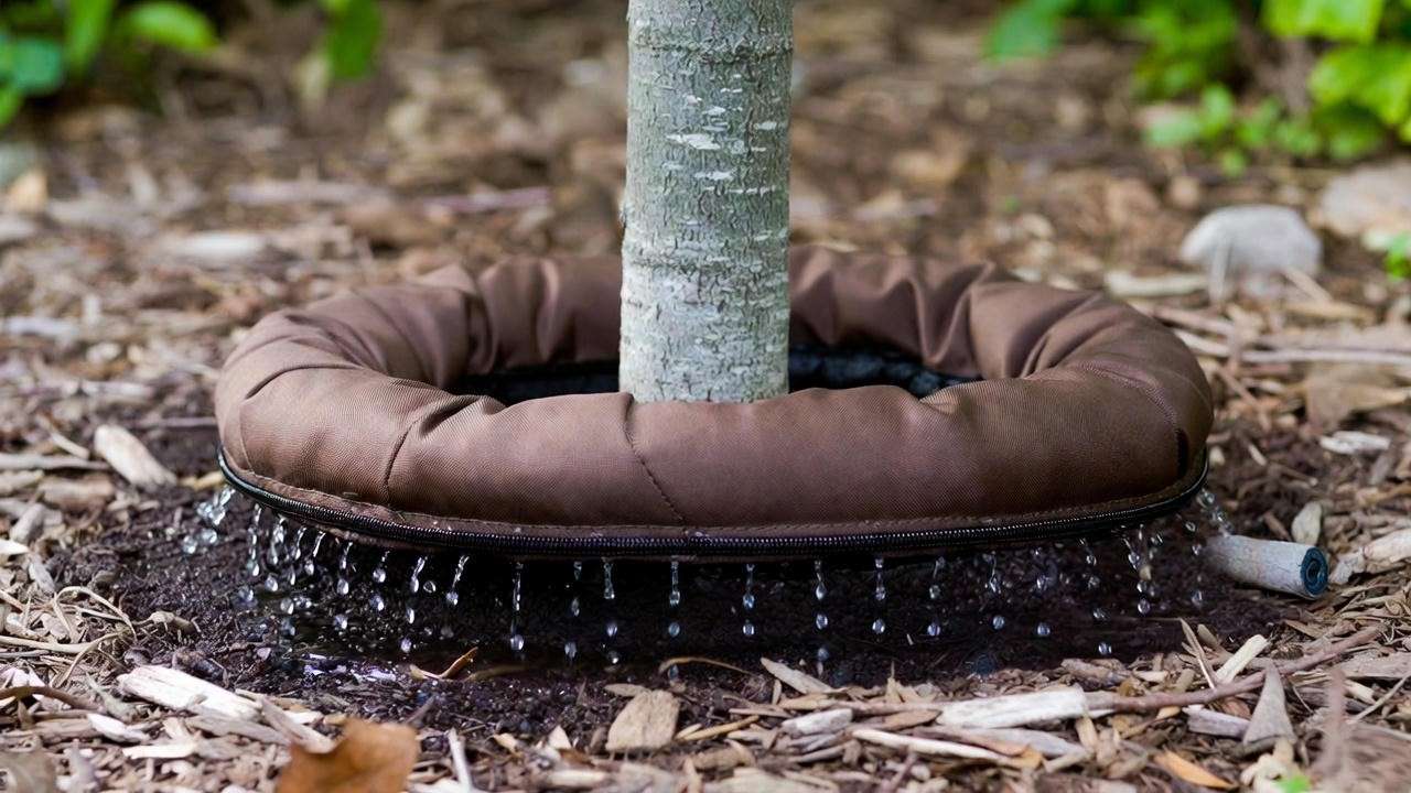 Close-up of watering ring for trees slowly releasing water droplets directly to root zone