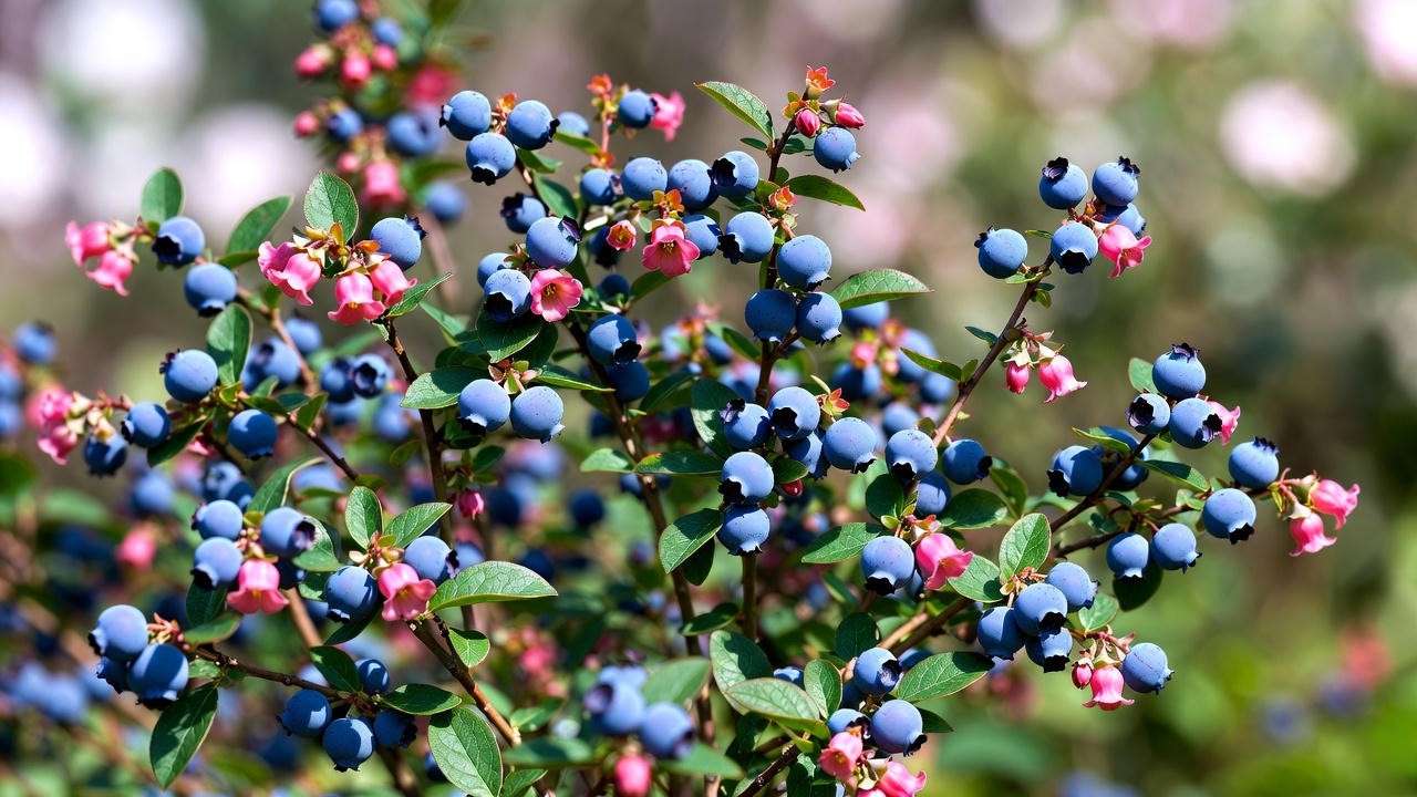 Sunshine Blue blueberry bush with ripe berries and hot-pink flowers