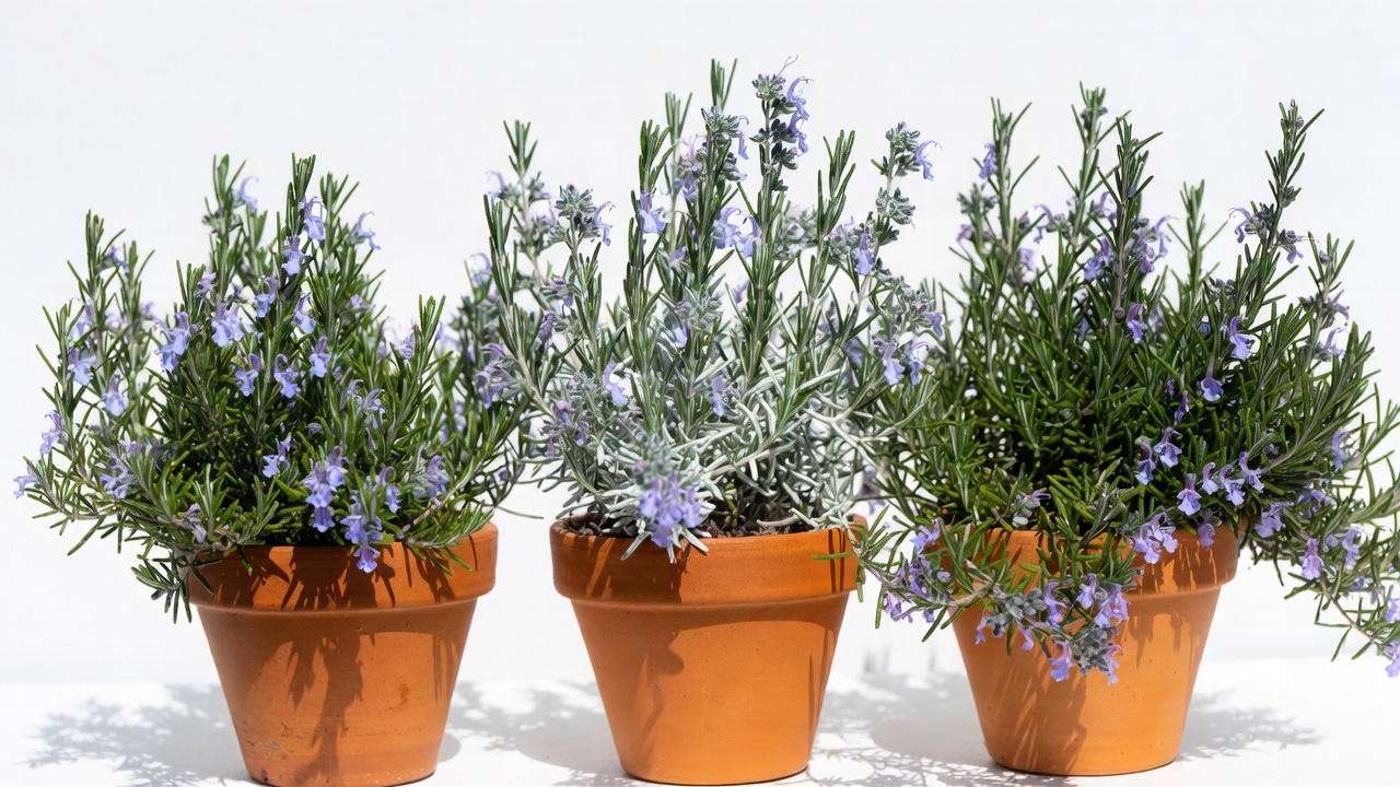 Creeping rosemary varieties comparison: Prostratus, Irene, and Huntington Carpet cultivars side by side