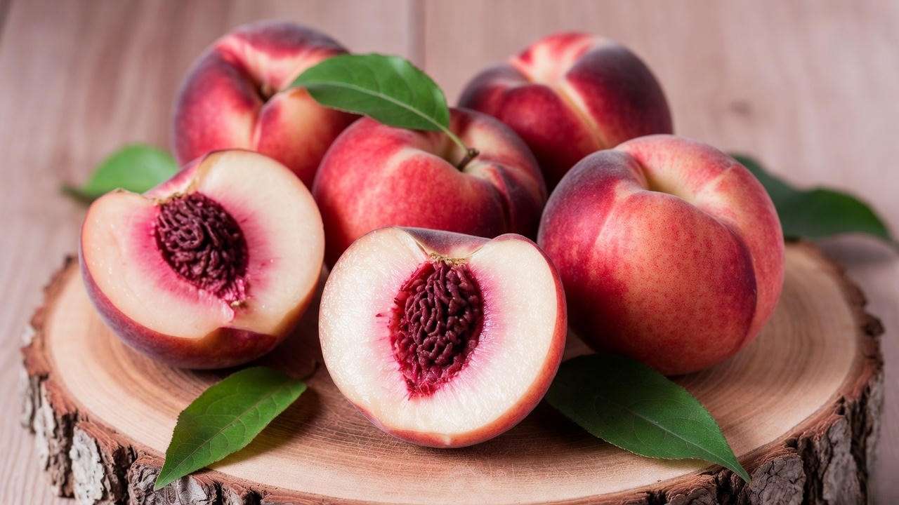 Close-up of ripe doughnut peaches showing their signature flat shape and white flesh