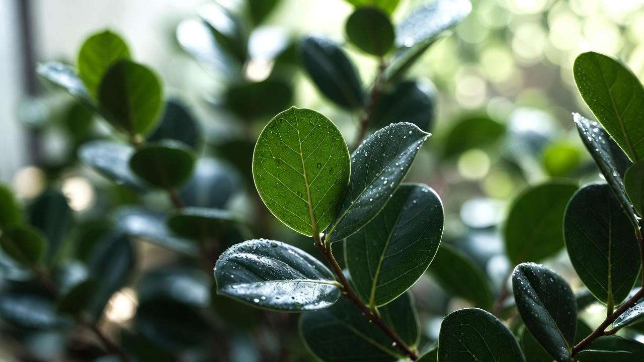 Close-up of glossy round leaves on Green Island Ficus plant