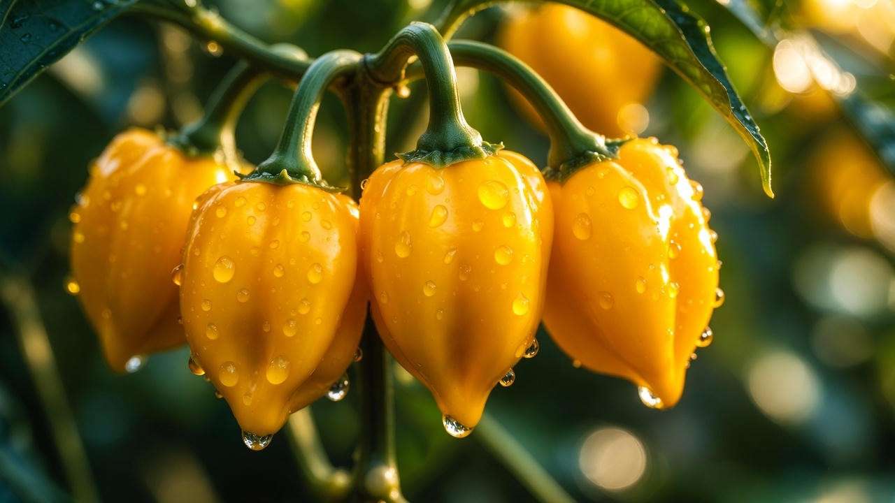 Bright yellow ripe Lemon Drop peppers (Aji Limón) on the plant showing true color and shape