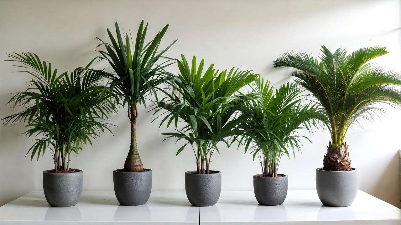 Five most popular miniature palm tree plants compared side by side – Parlor, Ponytail, Lady, Cat, and Sago palms